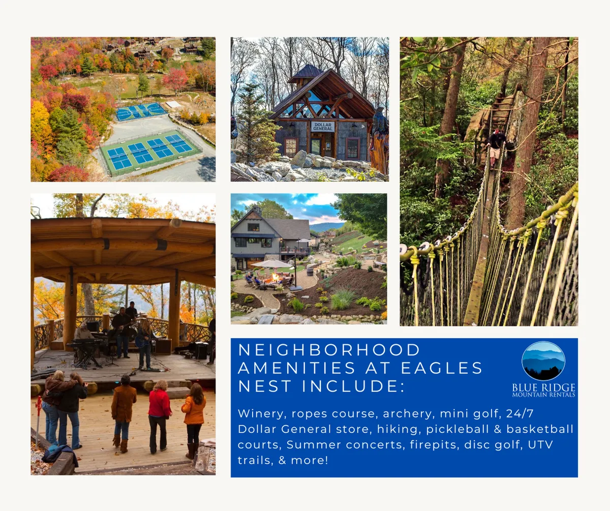 This vibrant exterior scene captures multiple community amenities in action, including the ropes course, mini-golf area, archery range, performing stage, and a lively gathering space. People are shown engaging in activities like hiking, playing mini-golf, attending an outdoor concert, and exploring nature trails, conveying the dynamic and social atmosphere of the resort.
